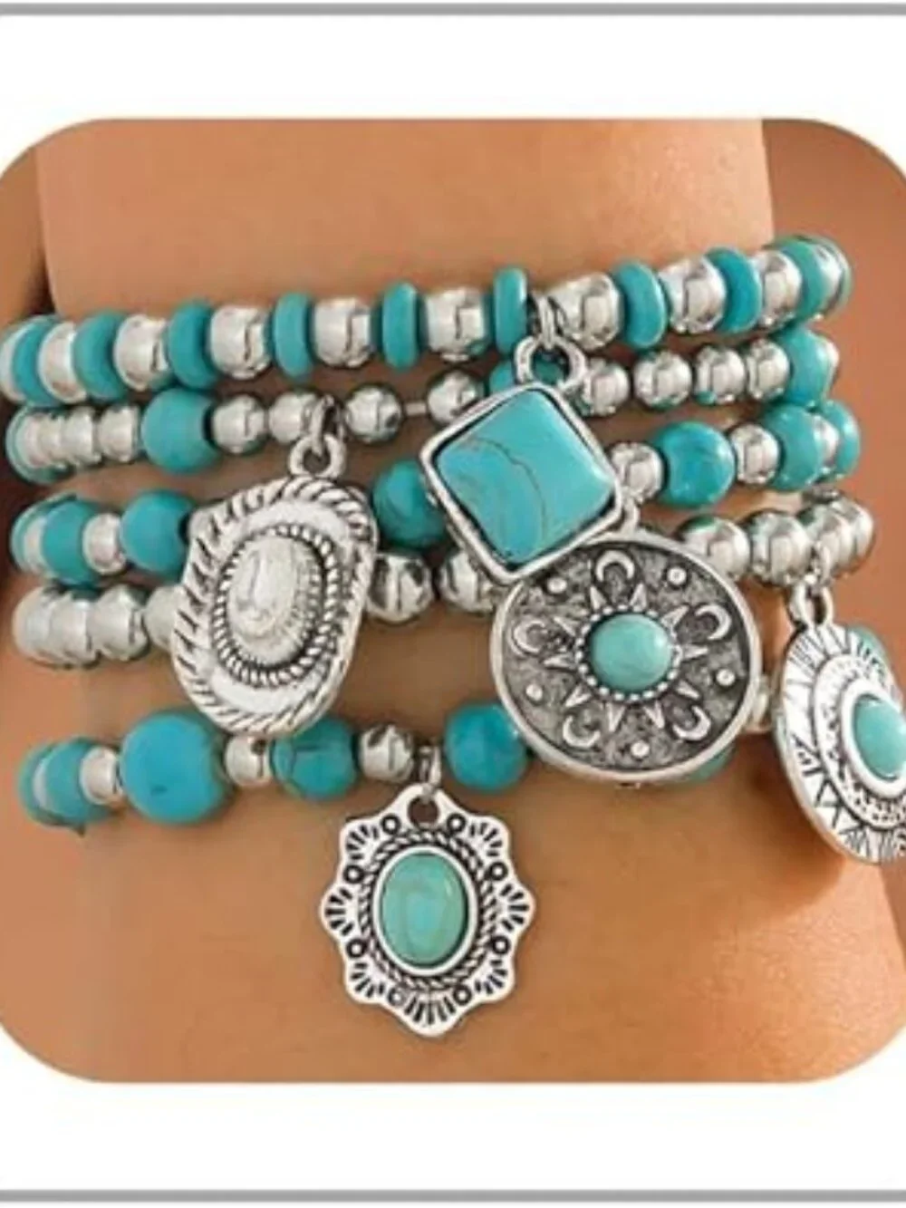 5 Turquoise Western Bracelets Vintage Stackable Beaded Country Concert
